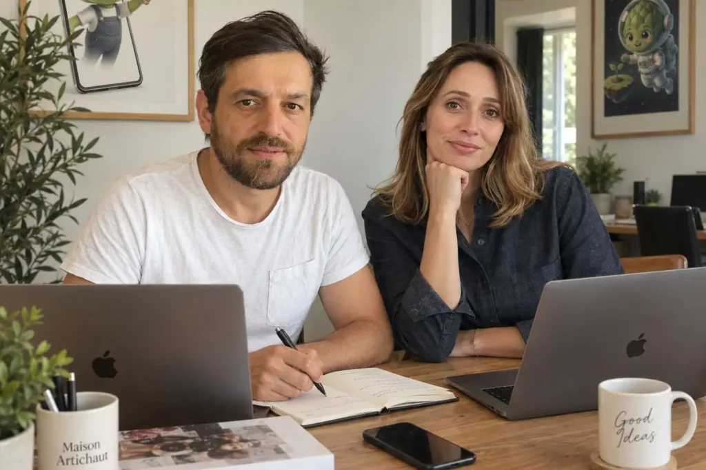 Claire et Thomas de l’agence Maison Artichaut, assis côte à côte à leur bureau devant leurs ordinateurs