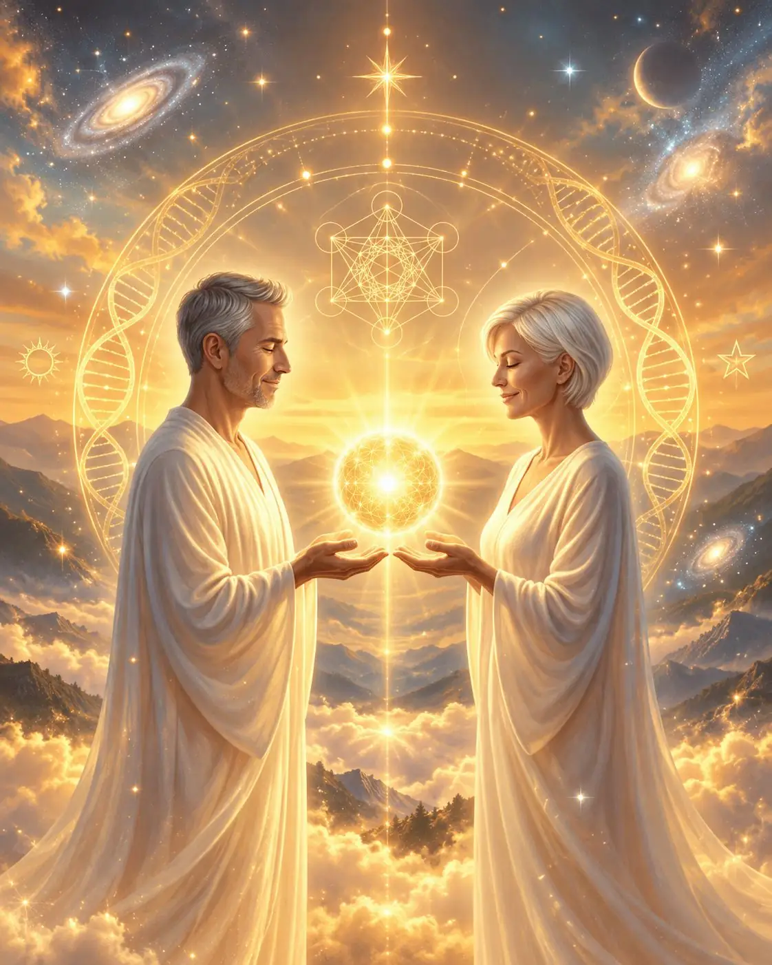 Un homme et une femme vêtus de blanc se font face et tiennent entre leurs mains une sphère de lumière dorée, devant un cercle de géométrie sacrée et des brins d’ADN, au-dessus des nuages